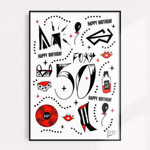 FOXY 50 - HAPPY 50th BIRTHDAY - ILLUSTRATED ART PRINT