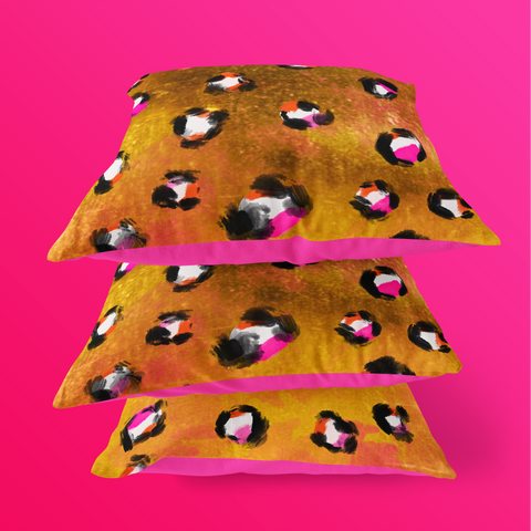 “LEOPARD LOVER” SQUARE ACCENT CUSHION COVERS.  Leopard print design, suede finish with vivid pink reverse.