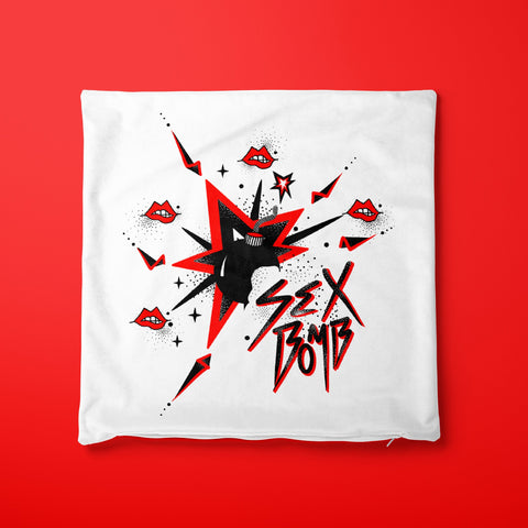 The “Sex Bomb” 14” Glam Rock accent cushion cover in cherry red.