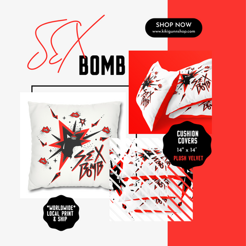 The “Sex Bomb” 14” Glam Rock accent cushion cover in cherry red.