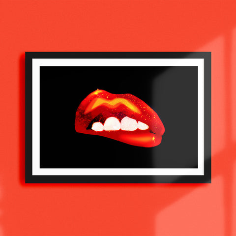 "GALACTIC KISS" A4 - Sexy Lips / Kiss / Midnight / Red Glitter / Boudoir Wall Art / Graphic Art Print
