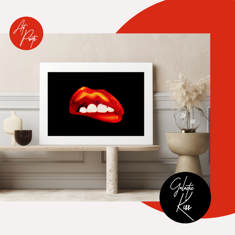 "GALACTIC KISS" A4 - Sexy Lips / Kiss / Midnight / Red Glitter / Boudoir Wall Art / Graphic Art Print