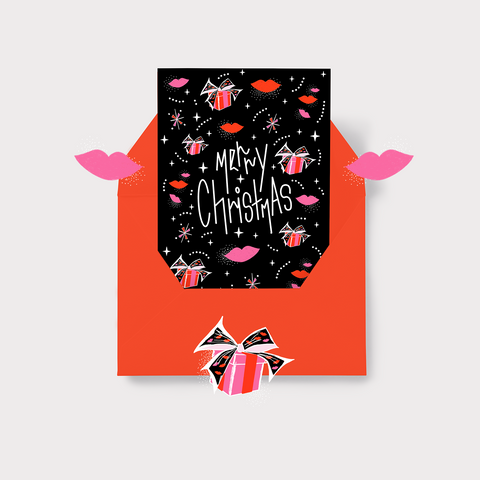 "MERRY CHRISTMAS" - Illustrated Christmas Card. Pressies & Kisses. x