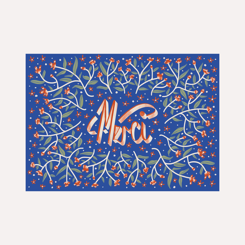 MERCI – Floral Thank You card. - Light Blue