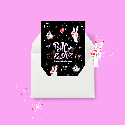 "PEACE & LOVE" - Illustrated Christmas card - 6 x pack.