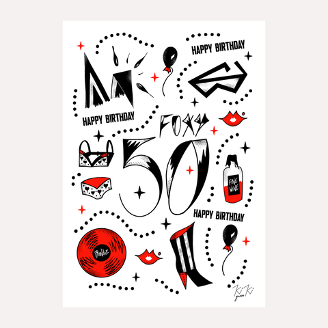 FOXY 50 - HAPPY 50th BIRTHDAY - ILLUSTRATED ART PRINT