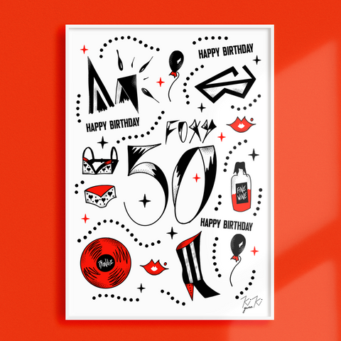 FOXY 50 - HAPPY 50th BIRTHDAY - ILLUSTRATED ART PRINT
