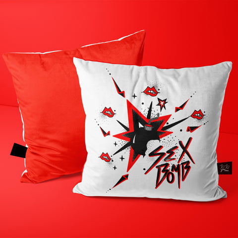 The “Sex Bomb” 14” Glam Rock accent cushion cover in cherry red.