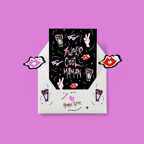 “Super Cool Maman” (flowers / black) Mother’s Day Card. Cool french Maman.
