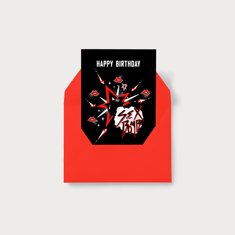 Happy Birthday, Sex Bomb! - Cute, sexy and a whole lot of fun. A6 Birthday Card. Black
