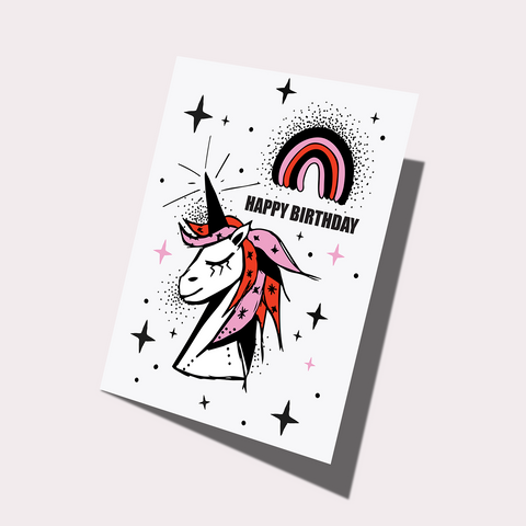Unicorn Birthday Card - Unicorn and Rainbows children's birthday card.