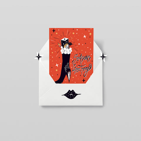 SEASONS GREETINGS – SANTA STOCKING - RED -Illustrated Christmas Card.