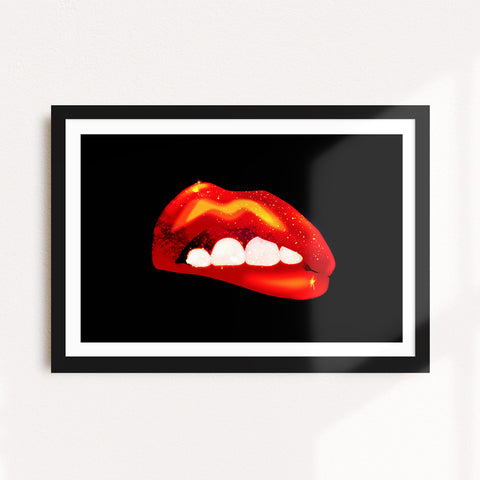"GALACTIC KISS" A4 - Sexy Lips / Kiss / Midnight / Red Glitter / Boudoir Wall Art / Graphic Art Print