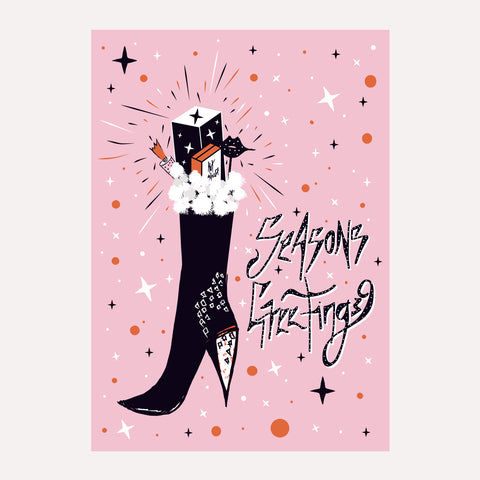 SEASONS GREETINGS – SANTA STOCKING - PINK - Illustrated Christmas Card.