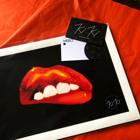 "GALACTIC KISS" A4 - Sexy Lips / Kiss / Midnight / Red Glitter / Boudoir Wall Art / Graphic Art Print