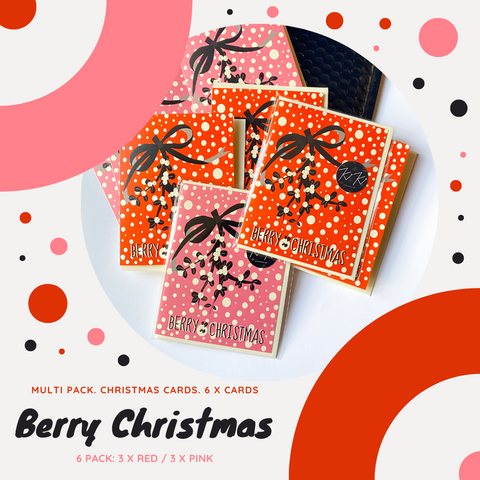 "BERRY CHRISTMAS" – Illustrated Mistletoe Christmas Card – x 6 pack
