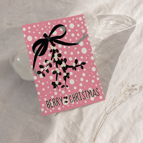 "BERRY CHRISTMAS" – Illustrated Mistletoe Christmas Card – x 6 pack