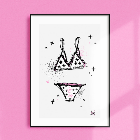 "Get Lucky" A3 - Luxe / Rock 'n' roll / Pink Pants / Get Lucky / Daft Punk / Sexy bikini / Boudoir / Star girl wall art.