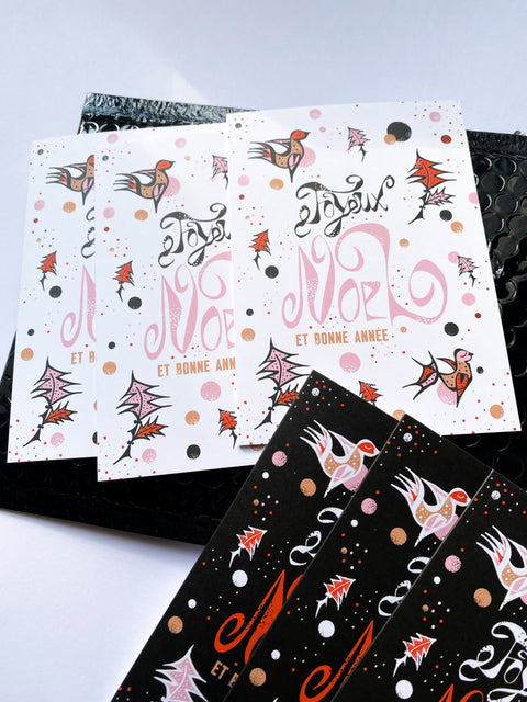 "Joyeux Noel &amp; Bonne Année" - Carte de Noël illustrée, x 6 pack.