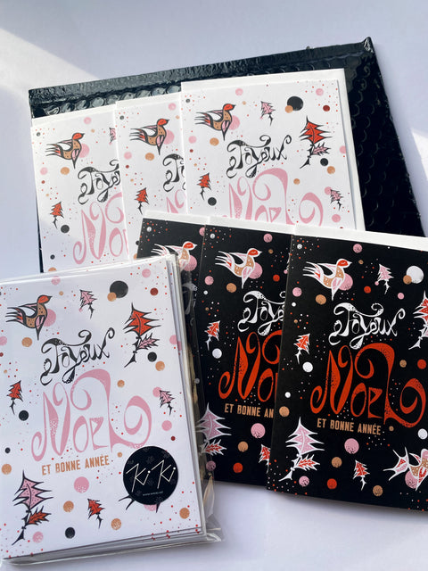 "Joyeux Noel &amp; Bonne Année" - Carte de Noël illustrée, x 6 pack.