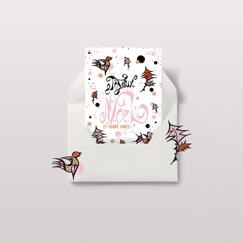 "Joyeux Noel &amp; Bonne Année" - Carte de Noël illustrée, x 6 pack.
