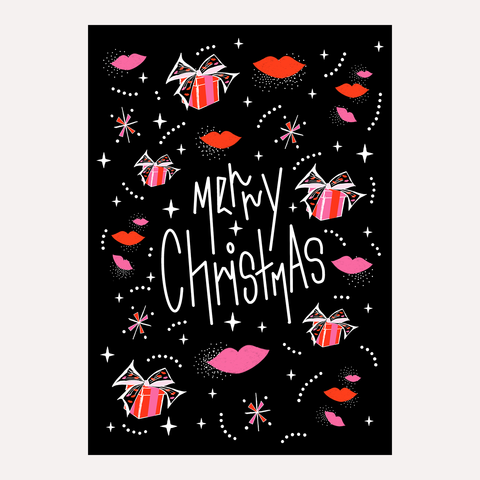 "MERRY CHRISTMAS" - Illustrated Christmas Card. Pressies & Kisses. x