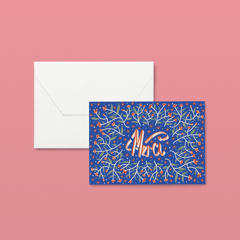 MERCI – Floral Thank You card. - Light Blue