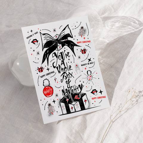 « NAUGHTY OR NICE » – Carte de Noël illustrée – x pack de 6